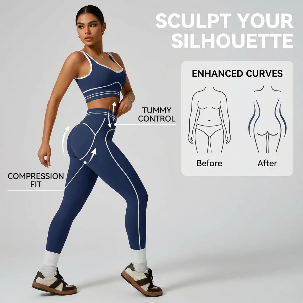 Conjunto de Yoga Sin Costuras para Mujer – Top Deportivo y Leggings de Cintura Alta